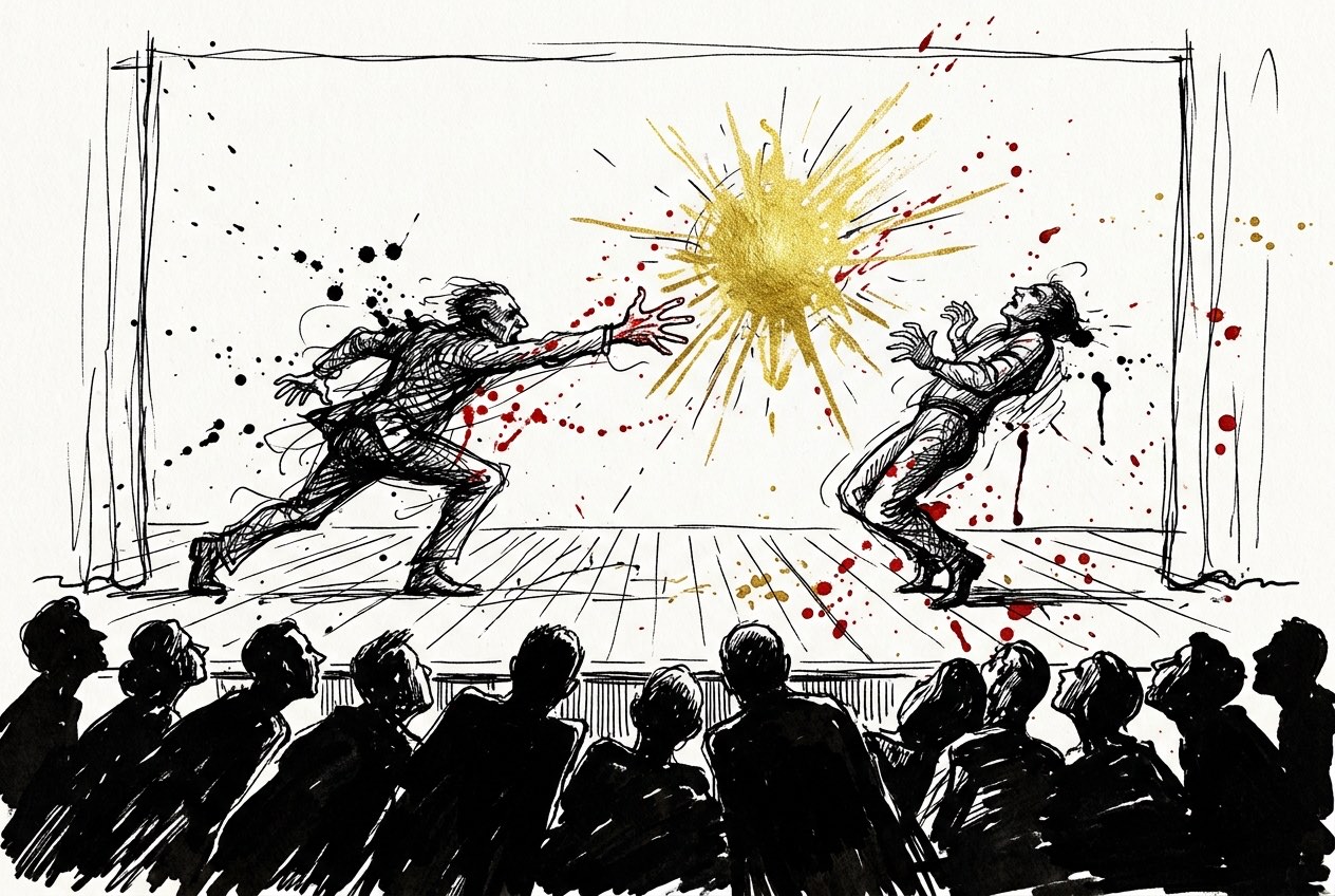 Illustrazione a china in stile Steadman: su un palcoscenico spoglio due attori in tensione opposta, uno si slancia in avanti con la mano aperta, l'altro si inarca all'indietro, e fra i due esplode una luce dorata; in primo piano le sagome nere degli spettatori protese verso la scena. Schizzi e colature d'inchiostro rosso e oro sulla carta bianca.