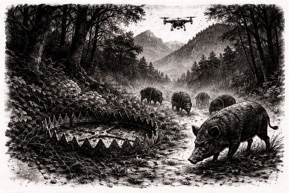 Illustrazione a inchiostro in stile Milgram: un corral trap circolare in una radura boschiva del Ticino, branco di cinghiali in avvicinamento, drone di sorveglianza sopra gli alberi e montagne alpine sullo sfondo.