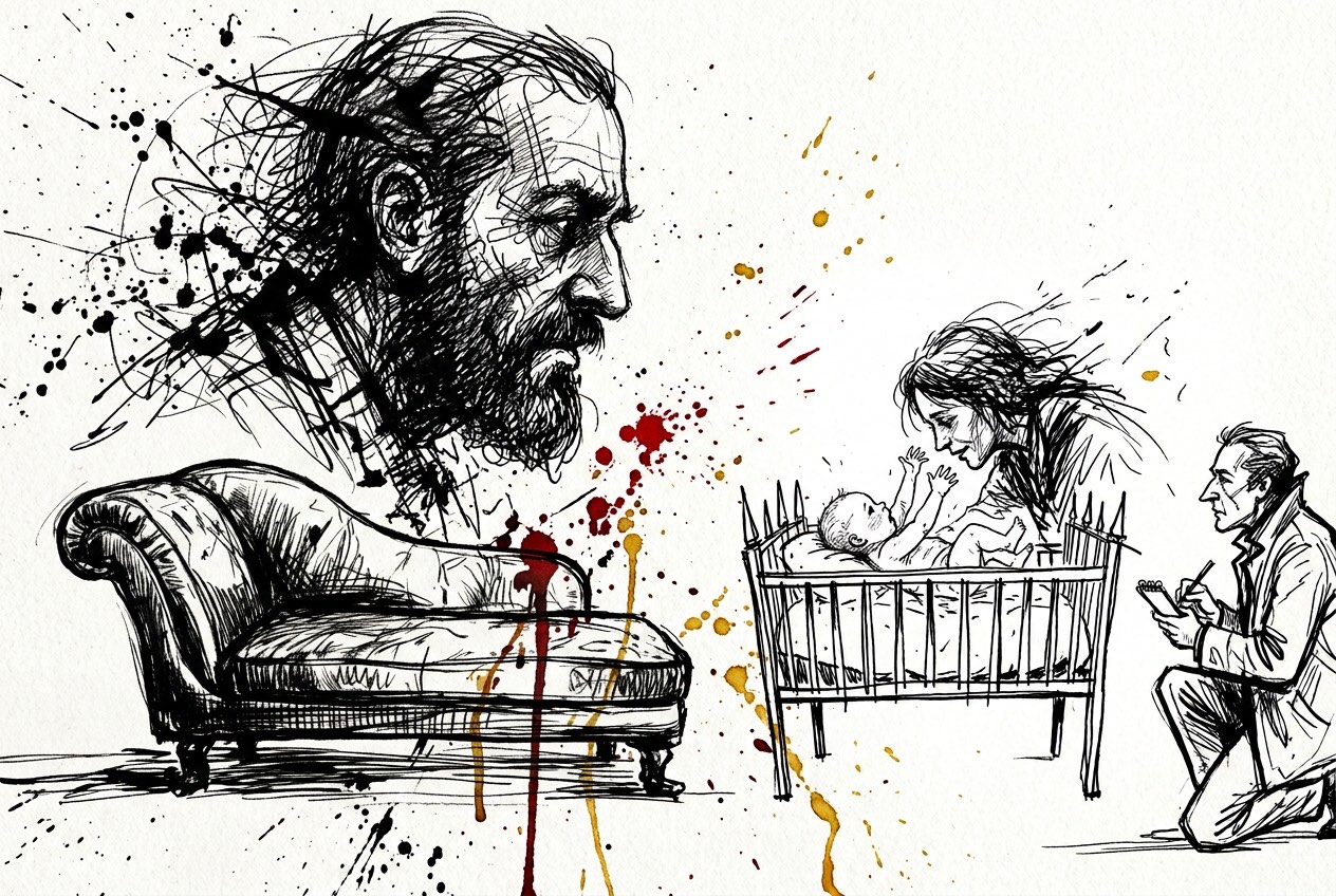 Illustrazione a china in stile Steadman: a sinistra un lettino psicoanalitico vuoto sotto un grande profilo barbuto che si dissolve in tratti nervosi; a destra una madre si china su un neonato nella culla che tende le braccia verso di lei, mentre un osservatore inginocchiato prende appunti. Schizzi e colature d'inchiostro rosso e oro sulla carta bianca.