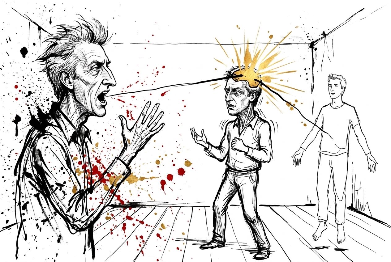 Illustrazione a china: in una sala prove, Markus Zohner parla e dalla sua bocca una linea d'inchiostro entra nel cranio di un attore contratto, vi si apre in un lampo dorato ed esce verso un terzo corpo, aperto e leggero
