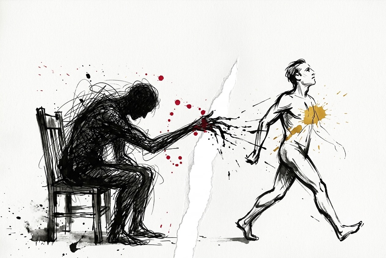 Illustrazione a china in stile Steadman: un uomo cammina fuori dalla propria ombra, rimasta seduta su una sedia e fatta di scarabocchi neri; tra le due figure uno strappo di carta bianca, gocce d'inchiostro rosso e una macchia d'oro sul petto di chi se ne va.