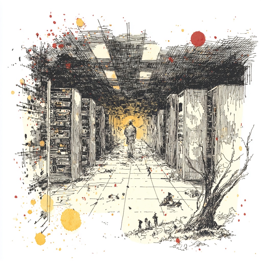 Disegno a inchiostro in stile Milgram: una server room in penombra con macchine in fila, una figura solitaria al centro, schizzi di rosso e di giallo, un albero spoglio che cresce dalle rovine sulla destra.