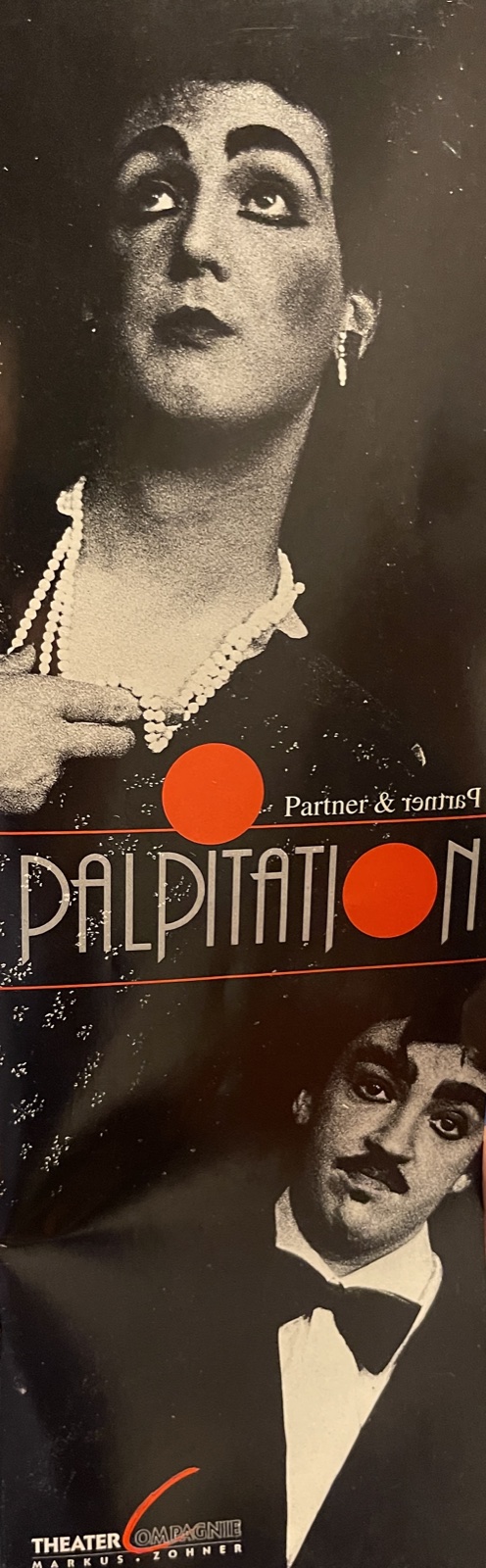 Copertina del programma di sala di PALPITATION del duo Partner & Partner, Theater Compagnie Markus Zohner, 1987: i due personaggi in bianco e nero, il titolo in rosso