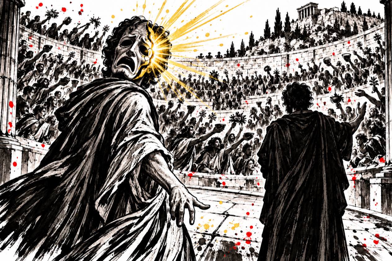 Illustrazione a china: in un teatro greco l'Attore con la maschera tragica si volta verso il pubblico, la maschera si apre in un lampo dorato, e il Regista, di spalle, tende la mano verso gli spettatori che alzano le braccia