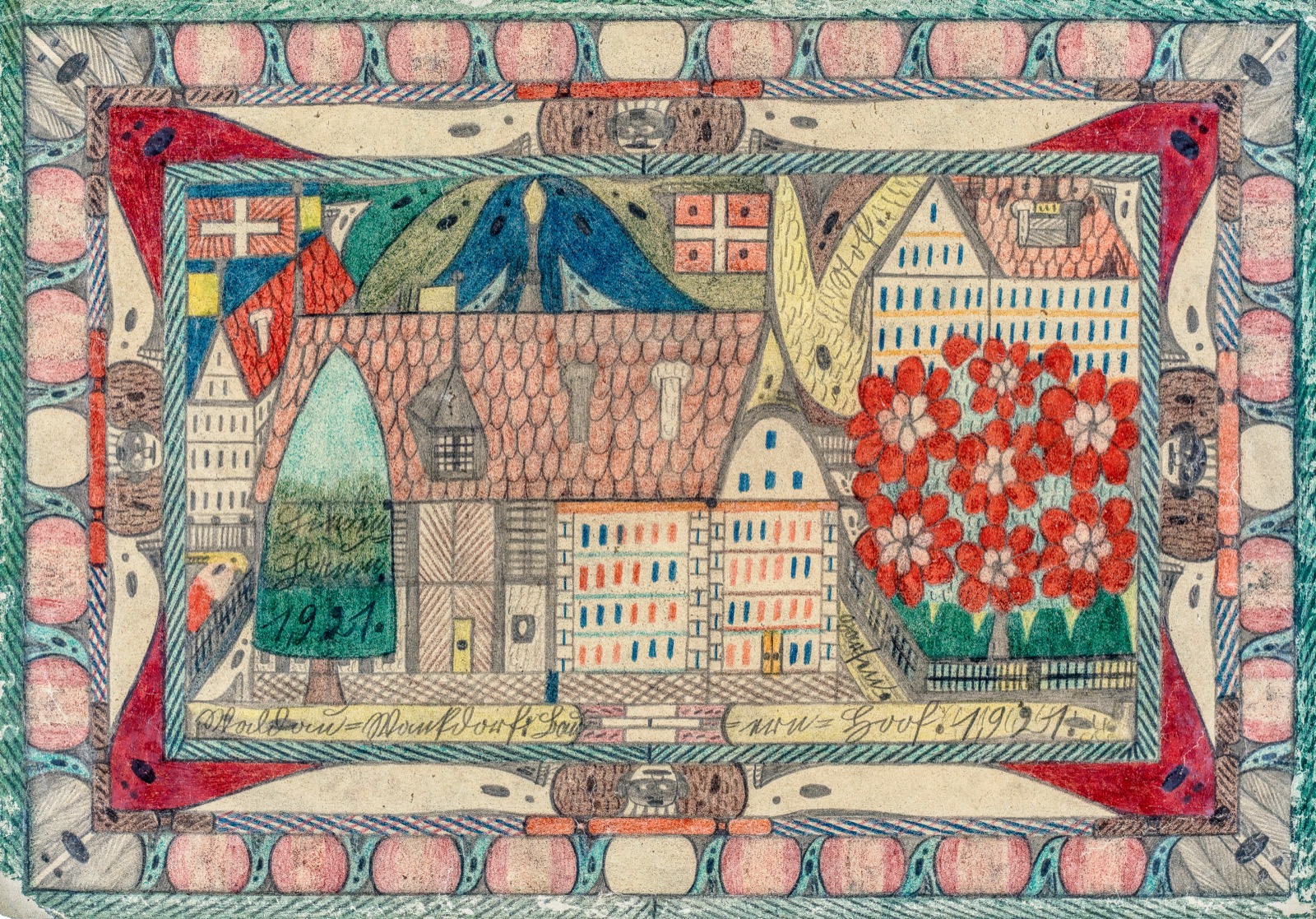 Adolf W&ouml;lfli: villaggio con bandiere e fiori