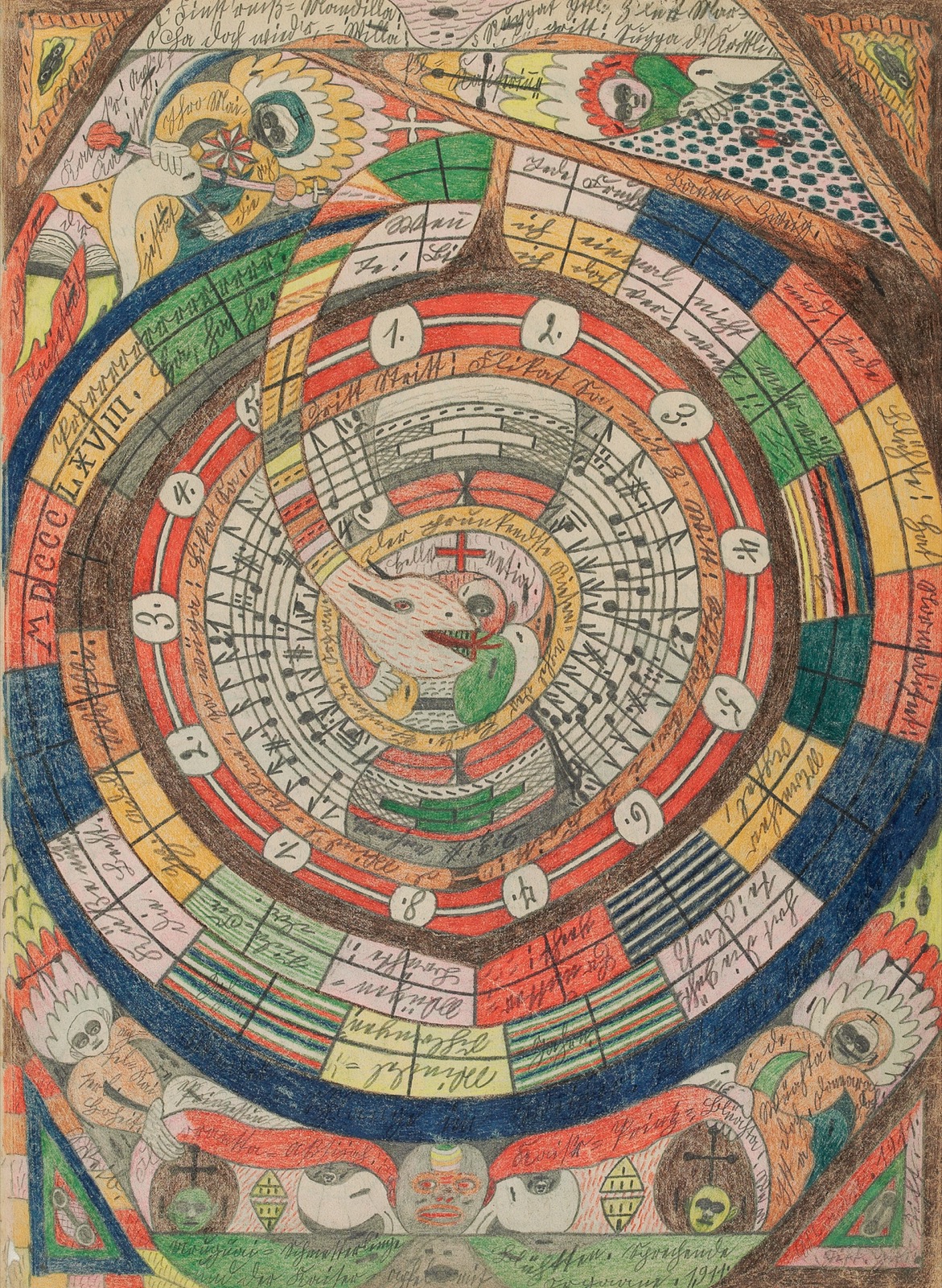 Adolf W&ouml;lfli: Spirale mit Vogel und Notenschrift