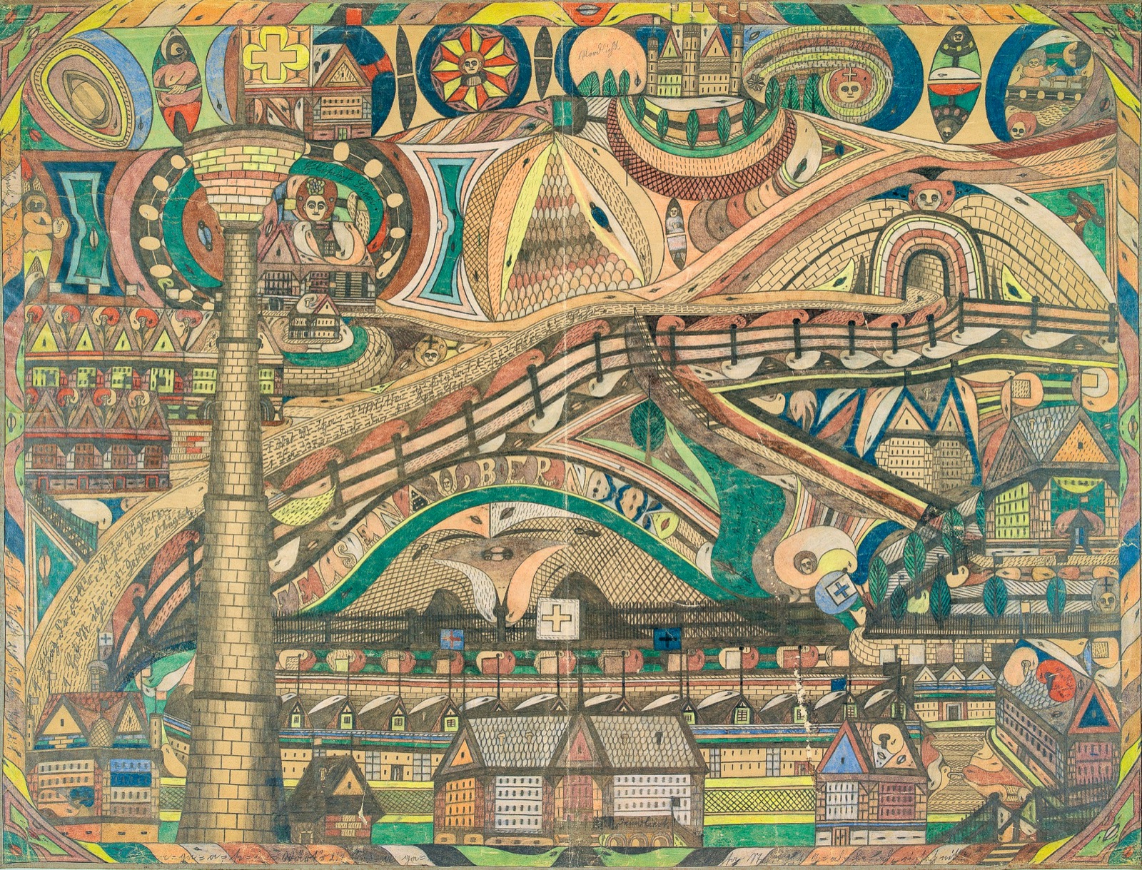 Adolf W&ouml;lfli: Stadtlandschaft mit Schornstein und Br&uuml;cke