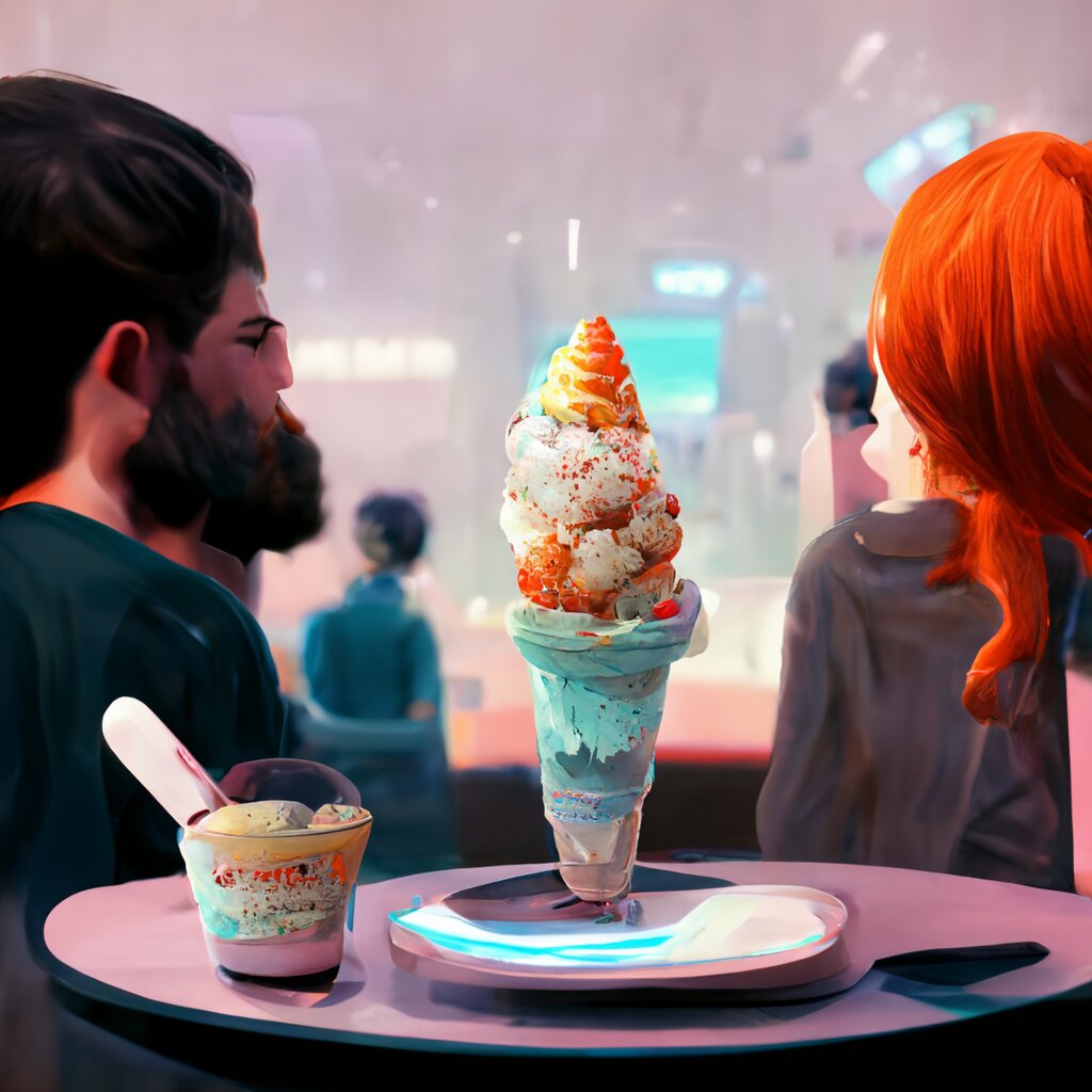 REPLIKA anno 2052: Arianna e Oscar nel metaverso, scena del gelato, con Alessandra Francolini e Luca Massaroli