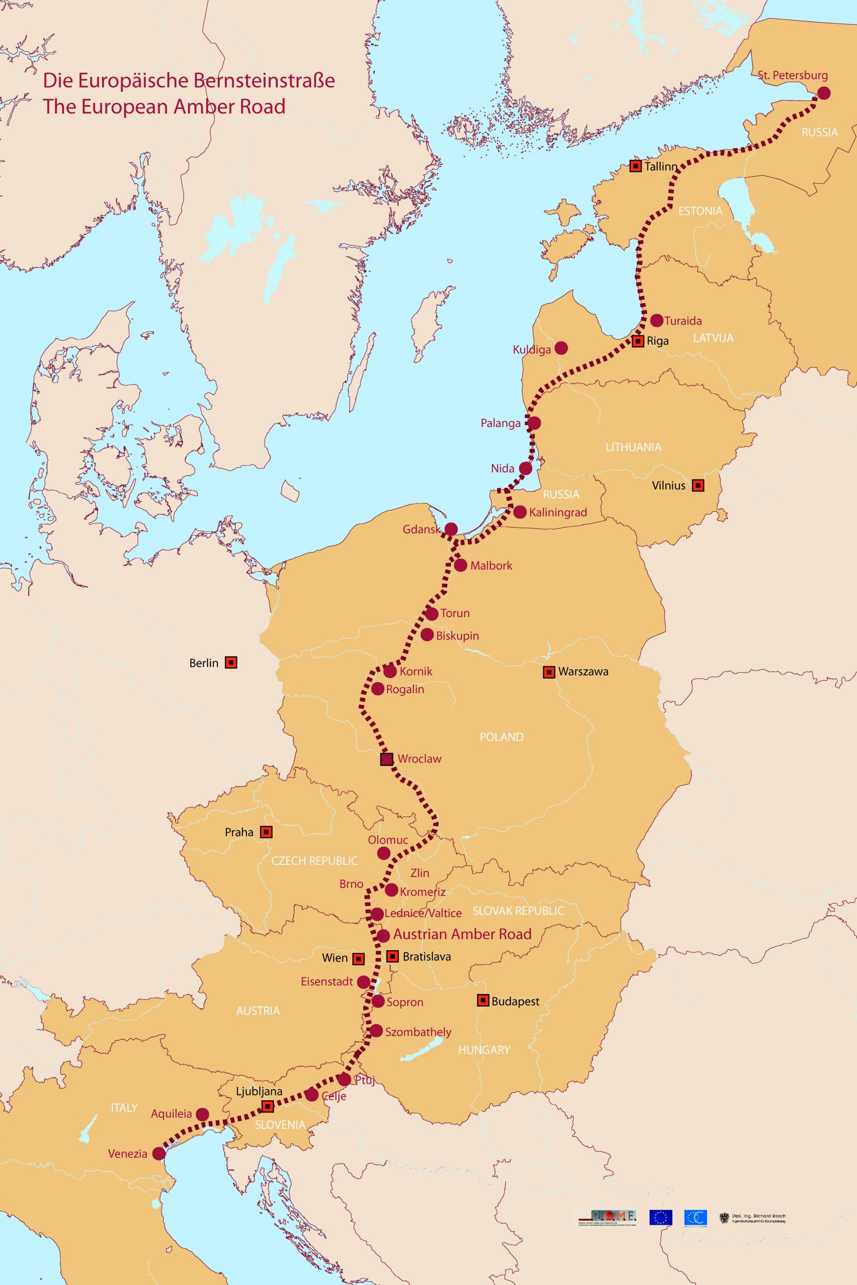 Mappa della Via dell'ambra: il percorso a piedi da Venezia a San Pietroburgo attraverso Austria, Repubblica Ceca, Polonia, Lituania, Lettonia, Estonia e Russia