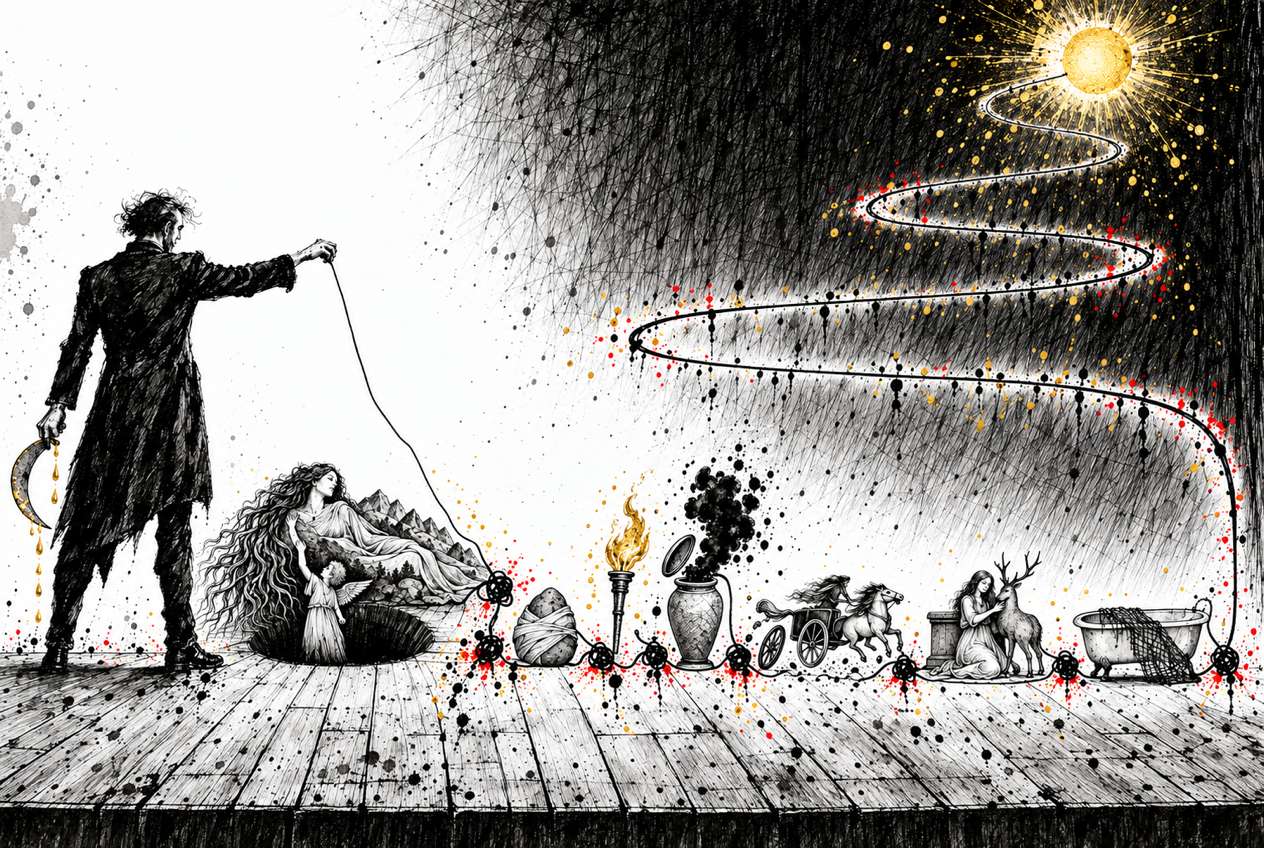 Illustrazione a china: su un palcoscenico di assi il Regista, di spalle, tiene tra le dita l'inizio di un'unica linea d'inchiostro che corre lungo il palco e disegna, nodo dopo nodo, la Storia del mito: la Terra distesa con il bambino alato, la pietra in fasce, la torcia, il vaso aperto, il carro, la fanciulla con la cerva, la vasca con la rete. Poi la linea sale in una spirale fino a un sole d'oro. Nell'altra mano, il falcetto che gocciola oro.